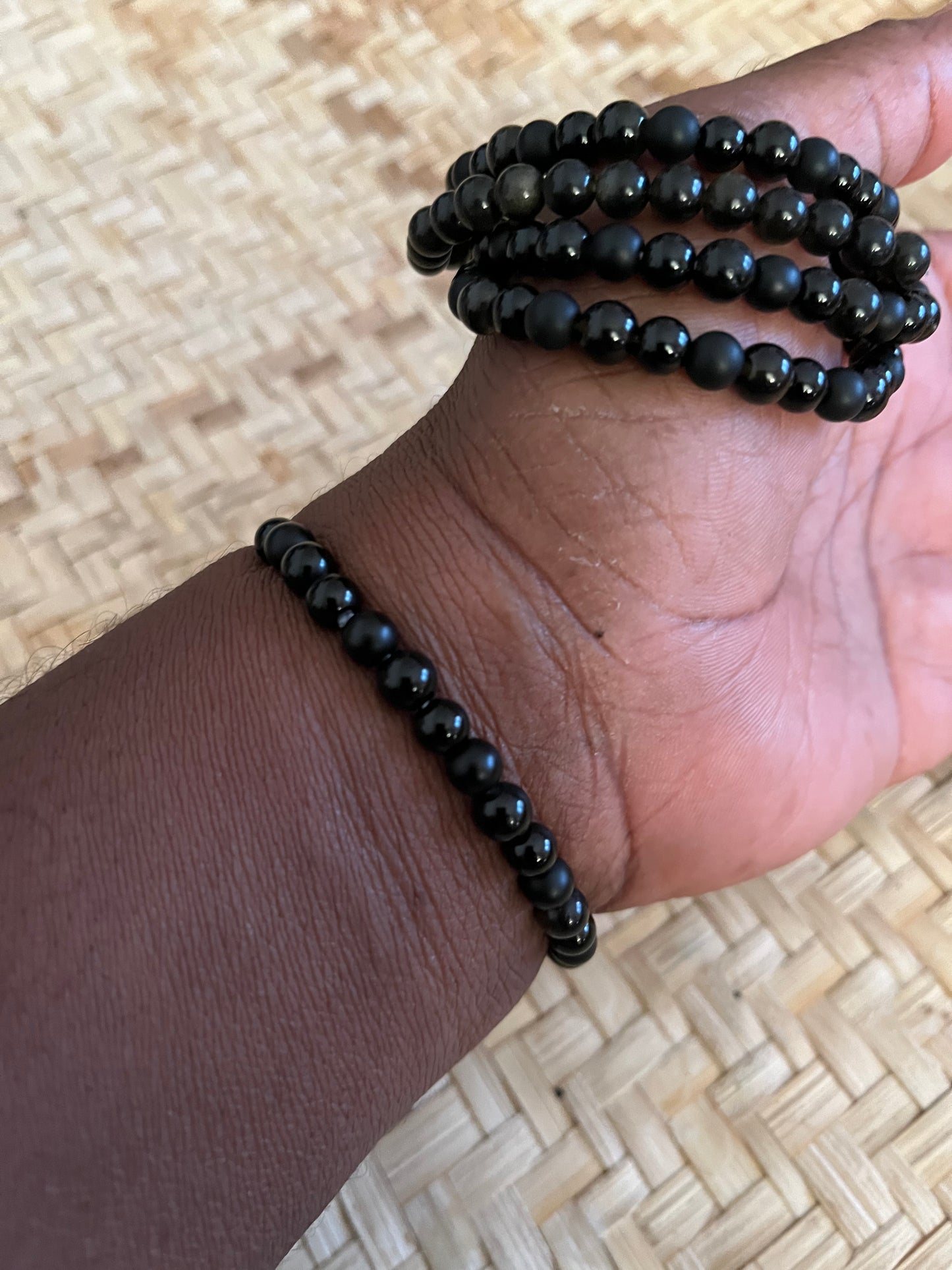 Black onyx, black tourmaline, golden sheen obsidian beads bracelet