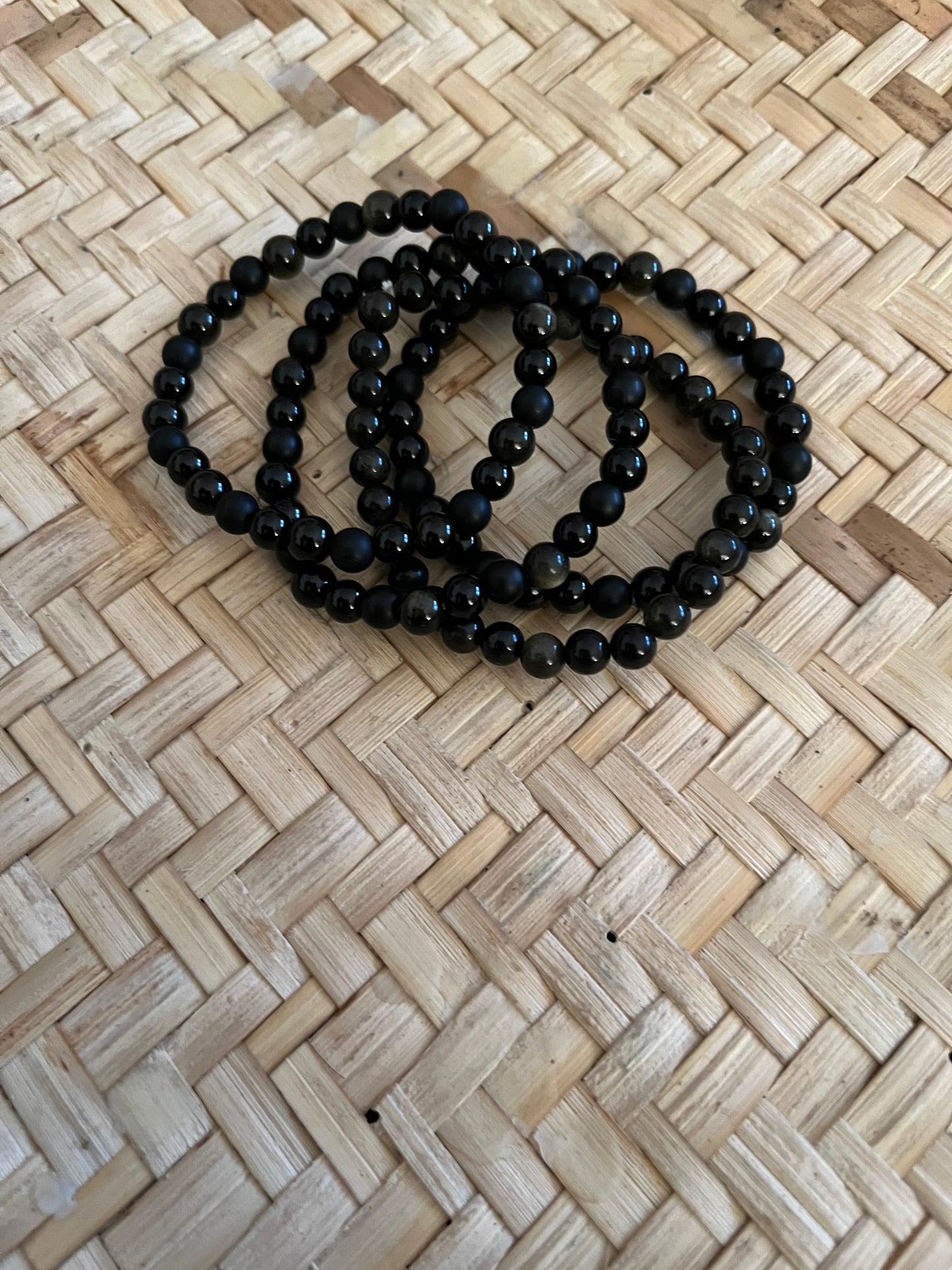 Black onyx, black tourmaline, golden sheen obsidian beads bracelet