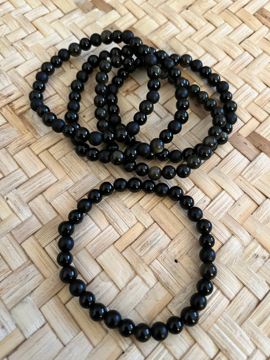 Black onyx, black tourmaline, golden sheen obsidian beads bracelet